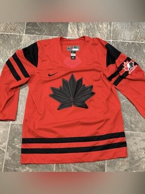Nike Red and Black Hockey Jersey with Maple Leaf Crest